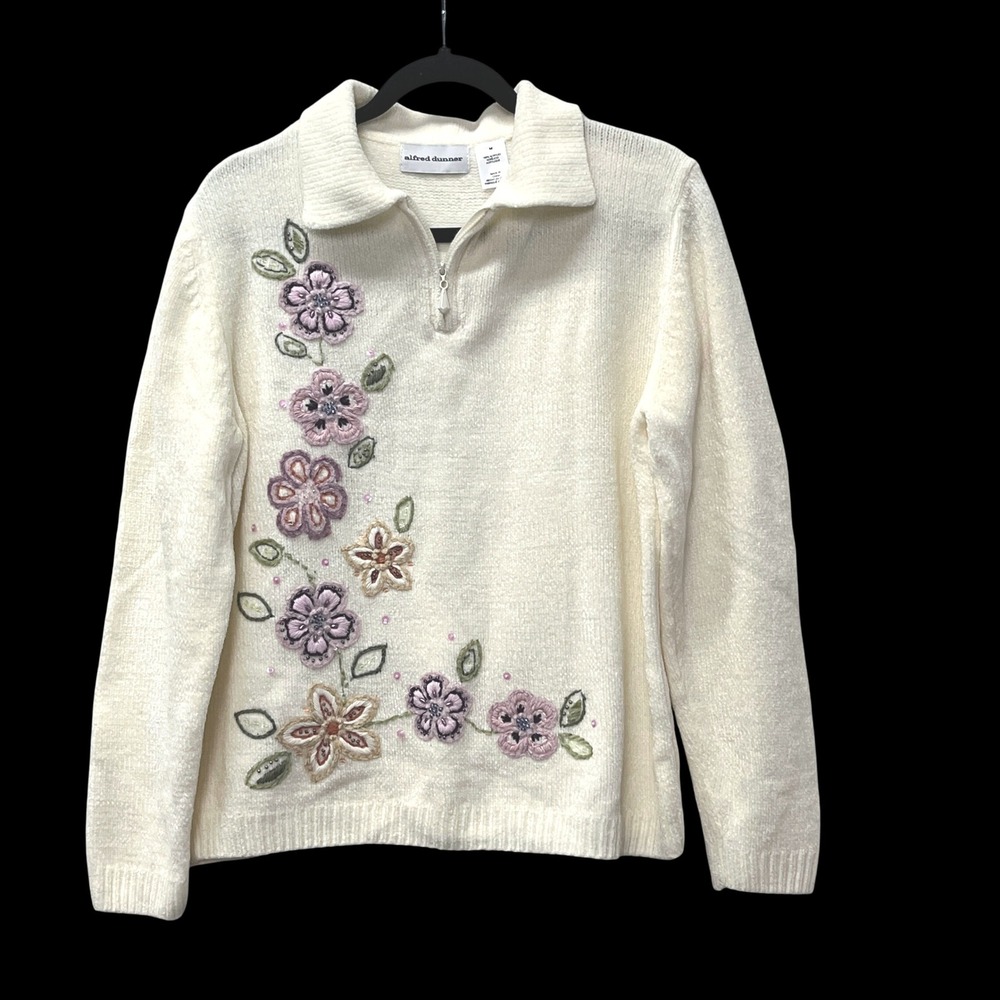 Alfred Dunner Chenille Ivory Cream Sweater 1/4 Zip Floral Sequin Bead Cottage M